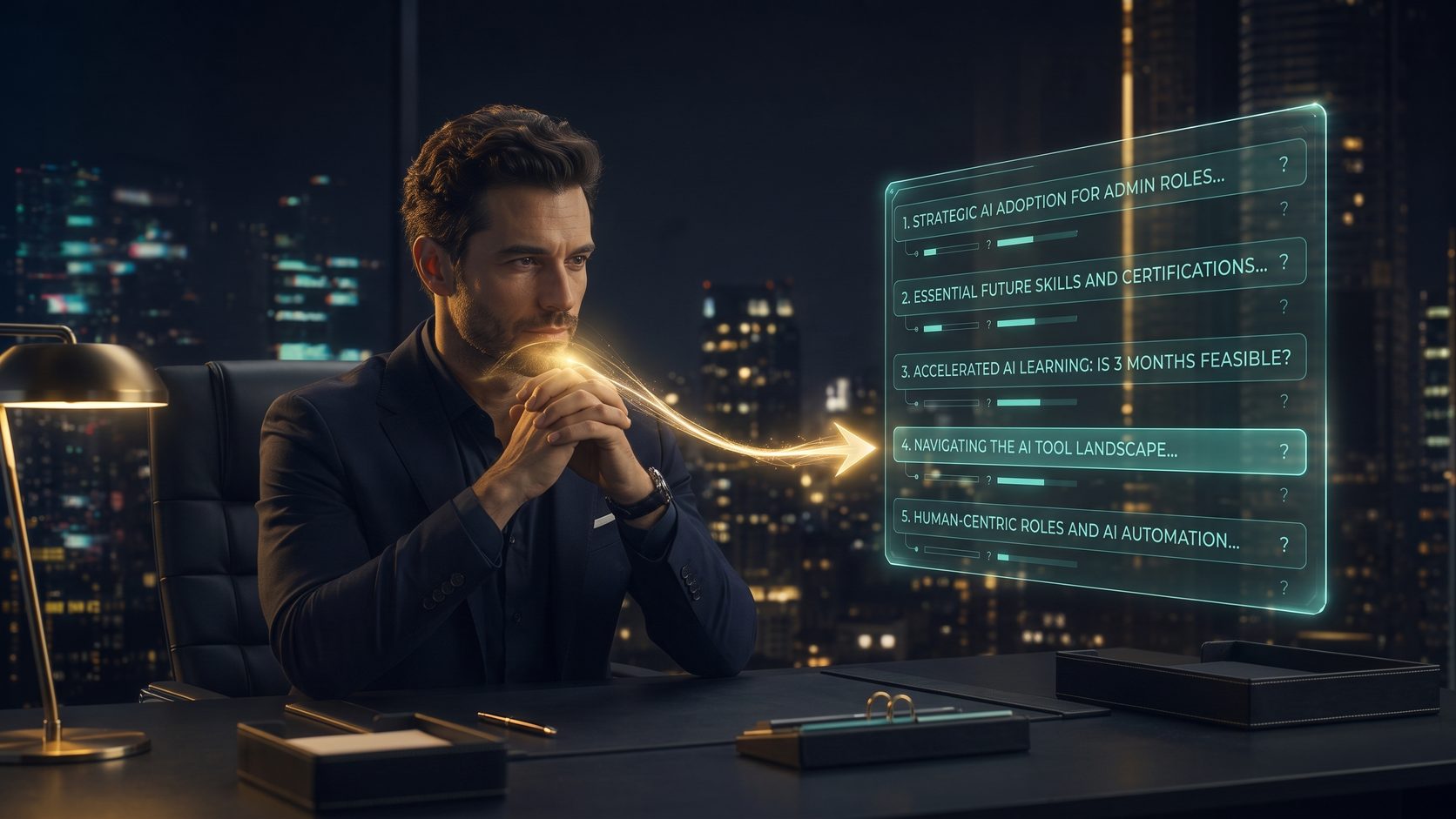 A senior administrative professional at a night-lit desk, reviewing five AI questions displayed as glowing panels